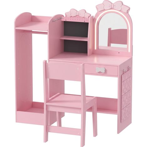 AIYAPLAY Toeletta Trucco Bambina 3 in 1 con Sedia, Appendiabiti e Specchio, Rosa