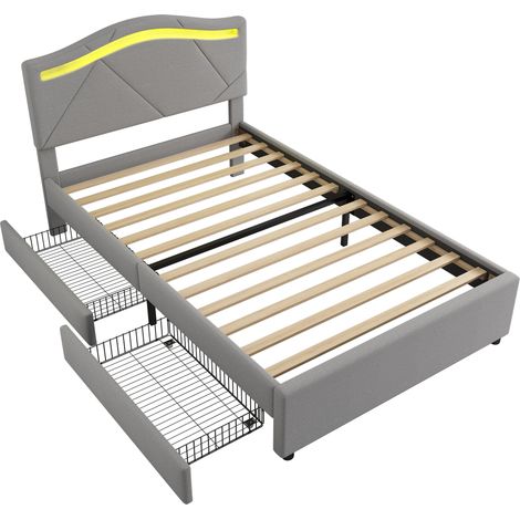 Cama capitoné 90 x 200 cm con somier, LED, 2 cajones, cabecero ajustable, lino gris (1/5)