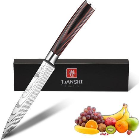 Küchenmesser 13 cm Carbon-Edelstahl scharf mit Pakkaholzgriff für Fleisch, Gemüse, Obst (1/4)