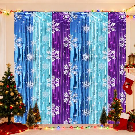 Rideau En Feuille Métallique - Motif Flocon De Neige - Argent Bleu - 100 x 200 cm - Décoration De Fête Pour Noël Anniversaire Et Réveillon (1/5)