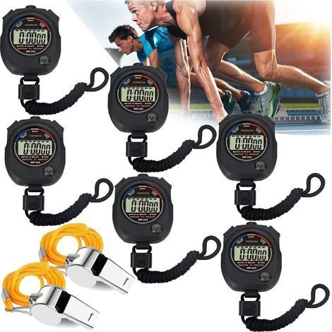 BRAVIX Lot 6 chronomètre numérique résistant à l'eau antichoc minuterie électronique de précision avec boussole pour la course à pied, la natation et autres sports noir (sans sifflet) (1/5)