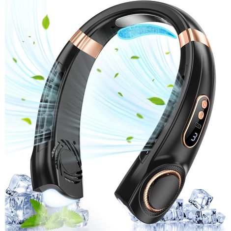 Ventilatore da collo, ricaricabile tramite USB, senza aghi, girevole a 360°, portatile, con 5 velocità, luce LED e indicatore di carica, per uso interno ed esterno, nero. (1/5)