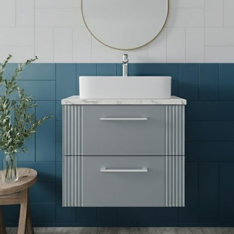 Nuie Deco Wall Hung 2-Drawer Vanity Unit with Carrera Marble Worktop 600mm Wide - Satin Grey (1/5)