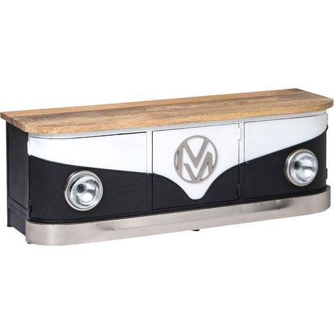 Made In Meubles – Meuble TV noir industriel en bois de manguier – 3 portes battantes – Dimensions 50x152x45cm – Design original avec étagère centrale (1/5)