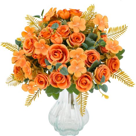 4 bouquets de fleurs artificielles d'automne, roses artificielles orange brûlé, pour la décoration de table lors d'un mariage.-AquaForge (1/5)