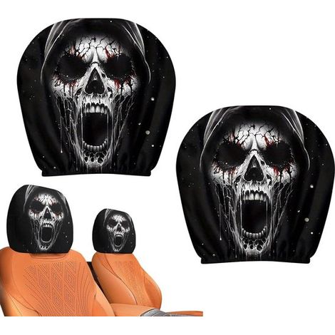 Copri poggiatesta per auto, set da 2 pezzi, copri poggiatesta universali con motivo di Halloween e stampa "Teschio urlante", decorazione per auto bifacciale. (1/5)