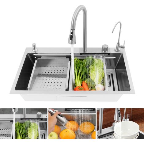 Fregadero de cocina plateado, con caño en cascada y grifo deslizante, fregadero de cocina moderno de acero inoxidable (75 x 46 cm) (1/5)