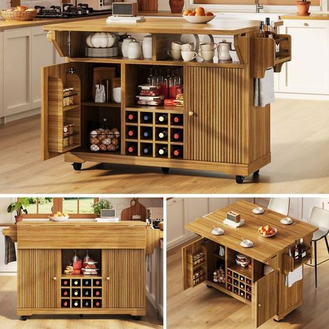 Chariot de Cuisine rangement table d'appoint mobile étagères réglables porte-bouteilles de vin multi-usage brun foncé (1/5)
