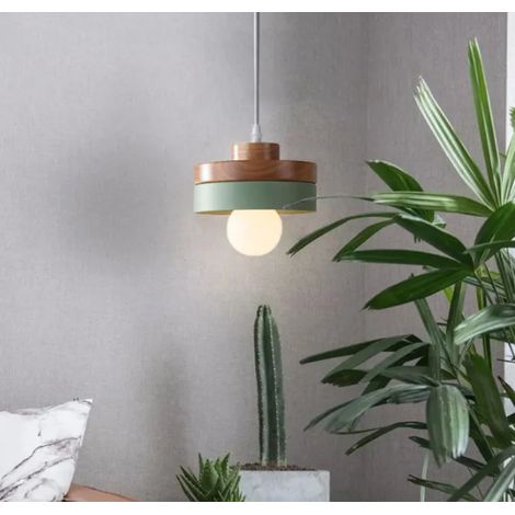 Suspension Moderne Rond Lustre Abat-jour en Bois et Métal Vert, E27 Luminaire Éclairage de Plafond pour Salon Salle à (1/5)