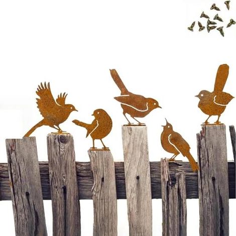 Lot de 5 Décorations Oiseaux Jardin en Métal Effet Rouille pour Extérieur Décoration Réaliste Durable