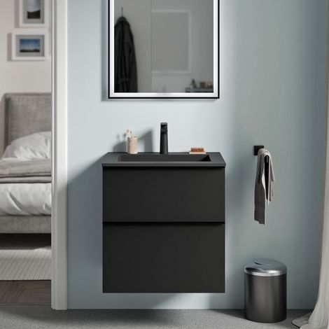 BERNSTEIN - Mobile lavabo sospeso MDF nero opaco, lavello Ghisa nero opaco + foro rubinetto, maniglia nero opaco - 60x46x62cm - LAVOA Nero opaco, Nero opaco, Nero opaco con foro rubinetto (1/5)