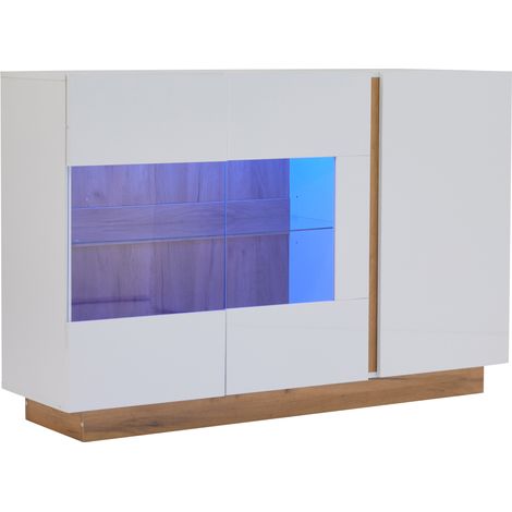 Aparador blanco brillante con vidrio y LED, 3 puertas, 138 x 38,5 x 90,5 cm, MODENUIT (1/5)