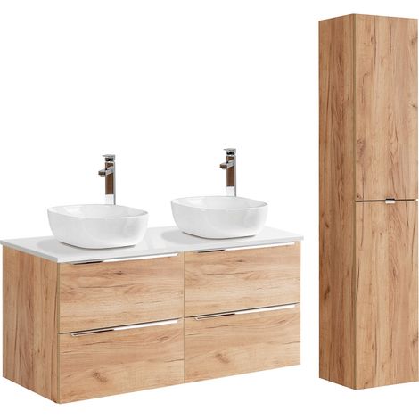 Ensemble meuble double vasque 120cm et colonne April Bois et Blanc (1/5)