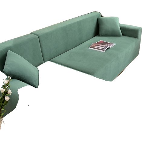 Fodera per divano in velluto, design a L, tessuto ad alta elasticità, blu ciano, 3 posti (1/2)