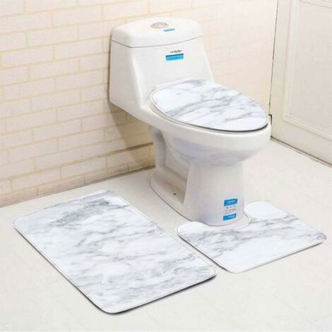 Ensemble Tapis de Bain et Contour WC 3 Set, Motif de Marbre Ensemble Salle de Bain Tapis Contour WC Couvre Couverture de Toilette (1/4)