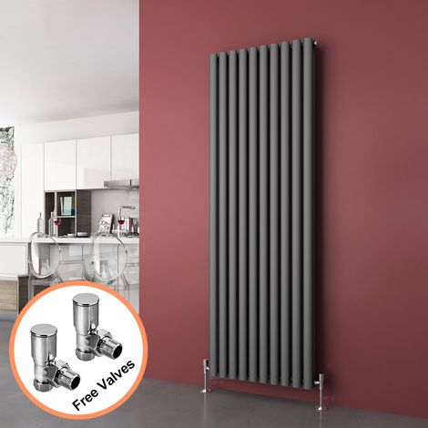 ELEGANT 1800 x 590 mm Vertical Column Designer Radiator Double Oval Panel Anthracite Central Heating Radiators + Angled Radiator Valves (1/5)