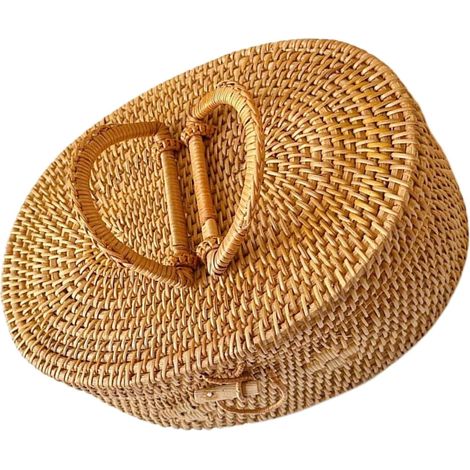 Boîte de rangement en rotin naturel 30 x 22 x 12 cm, couvercle étanche, panier portable pour la cuisine et les pique-niques (1/5)