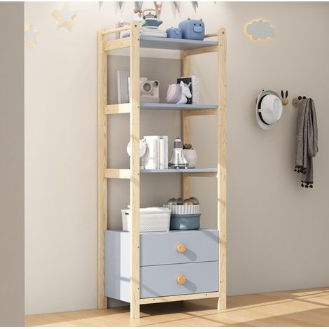Estantería de almacenaje 4 niveles con 2 cajones 70 x 44 x 180 cm azul y madera DESVIAE (1/5)