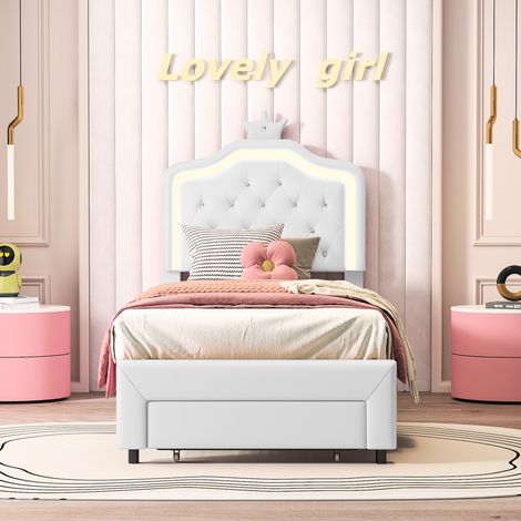 Lit double, 90 x 200cm, Lit rembourré en tissu de cuir PU avec tête de lit, lumière LED, 2 tiroirs de rangement, cadre à lattes en bois, lit pour enfants, Blanc (1/5)