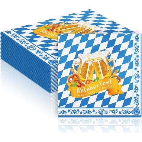 Lot de 40 serviettes de table pour fête de la bière - 33 x 33 cm - Serviettes en tissu bavaroises - Bleu et blanc - Décoration de fête de la bière de Munich - Pour fêtes d'anniversaire (1/5)