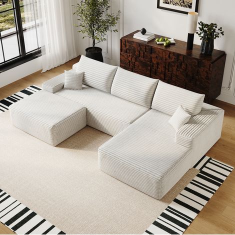 Divano modulare ad angolo, senza attrezzi, imbottitura in schiuma elastica, tessuto a righe, bianco (1/5)