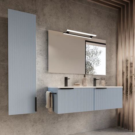 Meuble de salle de bain suspendu cannelé 120 cm bleu capri avec lavabo en céramique double vasque et colonne Fuji (1/3)