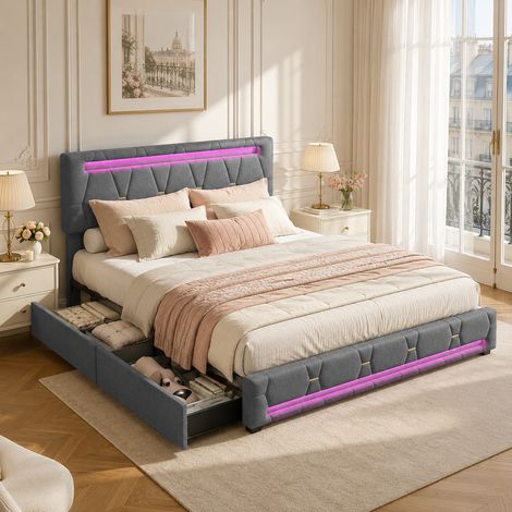 Lit coffre 160 x 200 cm avec bandeau lumineux LED,Lit double 160 x 200 cm avec quatre grands tiroirs,Tête de lit rembourrée et réglable en hauteur,Lin Gris foncé (1/5)