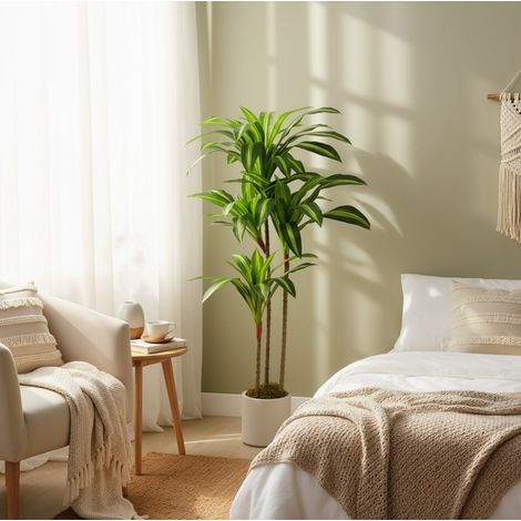 Árbol artificial Dracaena (60x40x120 cm), hojas realistas, tallos flexibles, maceta blanca, plástico, verde (1/5)