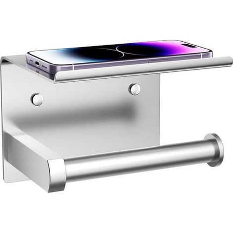 Porta carta igienica con ripiano per telefono, montaggio a parete con adesivo o viti, in acciaio inox e dispenser multifunzione per bagno in acciaio inox (a pagamento). (1/5)