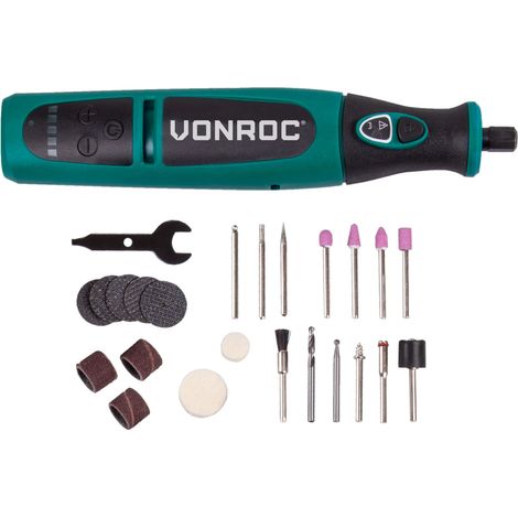 Vonroc – Outil rotatif multifonction sans fil 8V – 5 vitesses – Éclairage LED – Pour gravure, ponçage, découpe – Accessoires 24 pièces – CT502DC