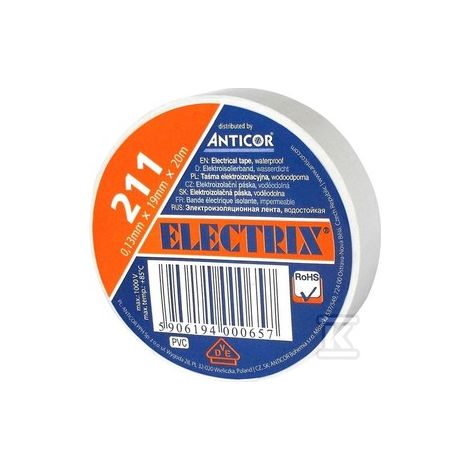 Cinta aislante eléctrica blanca de 19x20 cm, 211P