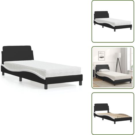 Bett mit Matratze Schwarz und Weiß 90x200 cm Kunstleder - Schlafzimmer Möbel - Doppelbett - Boxspringbett - Gästebett - Bettenrahmen (1/5)