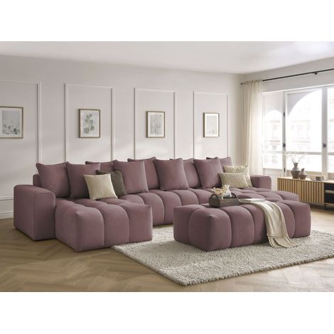 Bobochic – Canapé panoramique fixe 6 places en tissu chiné – Longueur 440cm – Pouf inclus – Style moderne et confortable (1/5)