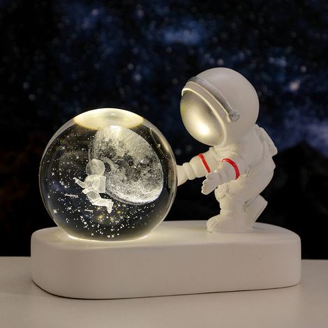 Lampe De Nuit Boule En Cristal Astronaute - Éclairage Led Doux - Technologie De Gravure 3D - Support En Résine Synthétique - USB Rechargeable - 1 Pièce (1/5)
