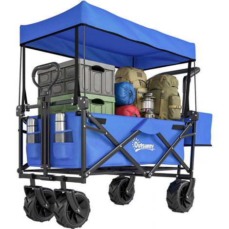 Chariot pliant avec toit, poignée, panier chariot de transport pliable tout-terrain acier noir Oxford bleu (1/5)