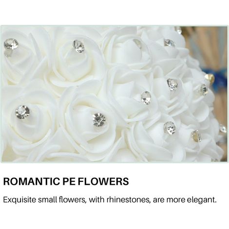 Weißer Brautstrauß mit künstlichen Rosen und Kristallperlen für Zeremonie, Verlobung, Heimdekoration (1/5)