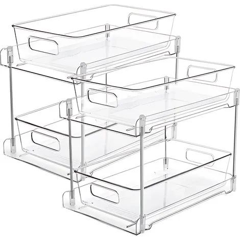 Lot de 2 tiroirs coulissants transparents à double niveau pour évier, avec plateau, égouttoir, porte-épices, poignée et pieds antidérapants. Organiseur de rangement multifonctionnel à double niveau av (1/3)