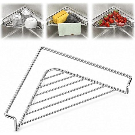 Égouttoir d'angle pour évier de cuisine étagère triangulaire en acier inoxydable pour tasses éponges fruits et légumes (1/3)