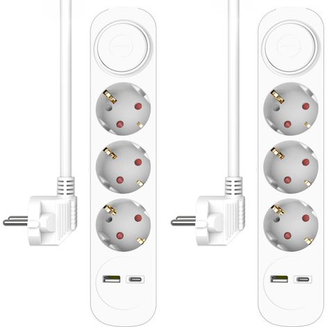 2er Set USB Steckdosenleiste 3 fach mit 2-poligem Schalter, Kindersicherung Weiß