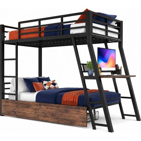 Cama alta 90 x 200 cm con escritorio, LED regulable, dos cajones, escalera y barandilla, estructura de metal y MDF, negro - CHICFURN (1/5)