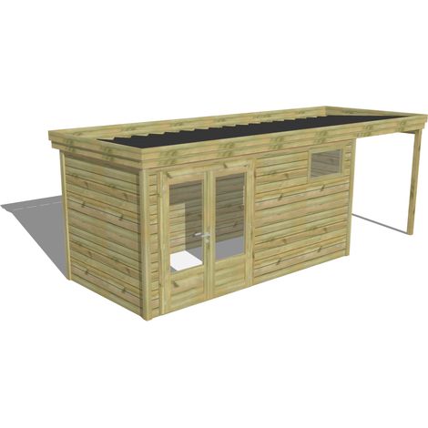 ABRI DE JARDIN bois Pin autoclave 27mm - 6,34x2,14m / 13,6m2 - Bac acier - Abri Français (1/5)