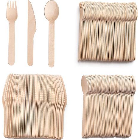 300pcs Couverts Jetables 100 Fourchettes 100 Cuillères 100 Couteaux 16cm Bois Naturel Écologique Idéal pour Les Fêtes, Le Camping, Les Pique-niques et Les Mariages (1/5)