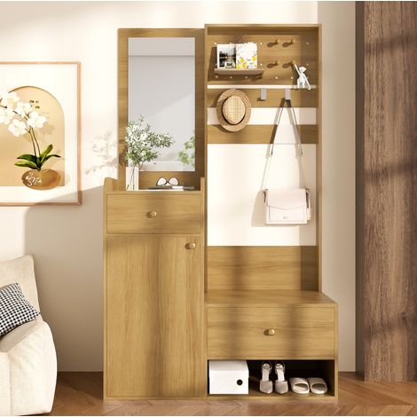 Mueble Entrada 105x38x180 Cm, Acabado Madera, 2 Cajones, Armario Y Ganchos Ajustables (1/5)
