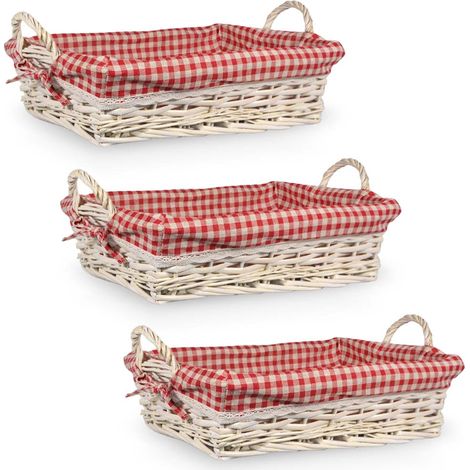 Ceste contenitori x3 Vimini Bianco Shabby con Stoffa a Quadretti cm 40x30x h15 (1/5)