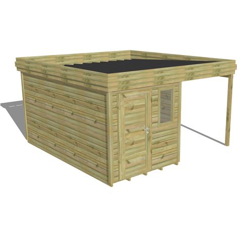 ABRI DE JARDIN bois Pin autoclave 27mm - 4,14x4,34m / 18m2 - Bac acier - Plancher bois (1/5)