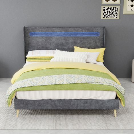 Bett modern gepolstert 140x200 cm grau mit verstellbarem Kopfteil und LED-Beleuchtung, Metallgestell (1/5)