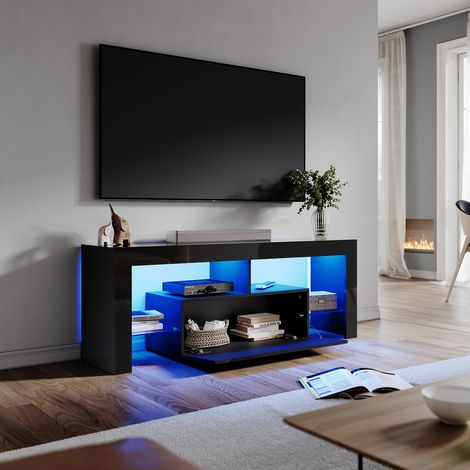 ELEGANT High Gloss LED TV Stand Multi-Light Effect TV Cabinet with Large Storage Space Living Room Bedroom Furniture, Black 1400mm (1/5)