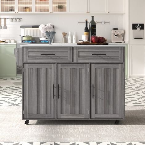 Desserte de cuisine-marbre blanc-bois gris kaki-extensible-roulettes-pieds interchangeables-129x(46)71x91,5cm