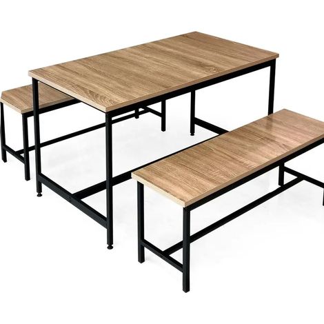 Esszimmer Set mit Tisch 120x60x74 cm und 2 Bänken 105x30x46 cm aus natürlichem Holz