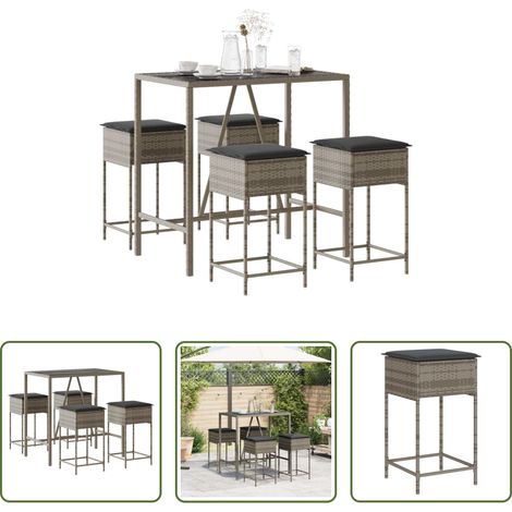 vidaXL Barres de jardin en résine -  Ensemble de bar de jardin 5 pcs avec coussins gris poly rotin (1/5)